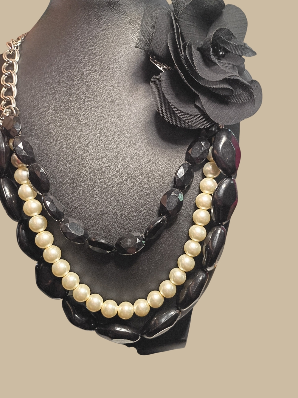 VCLM Multistrand Necklace With Faux Pearls, Black Beads, Fabric Flower